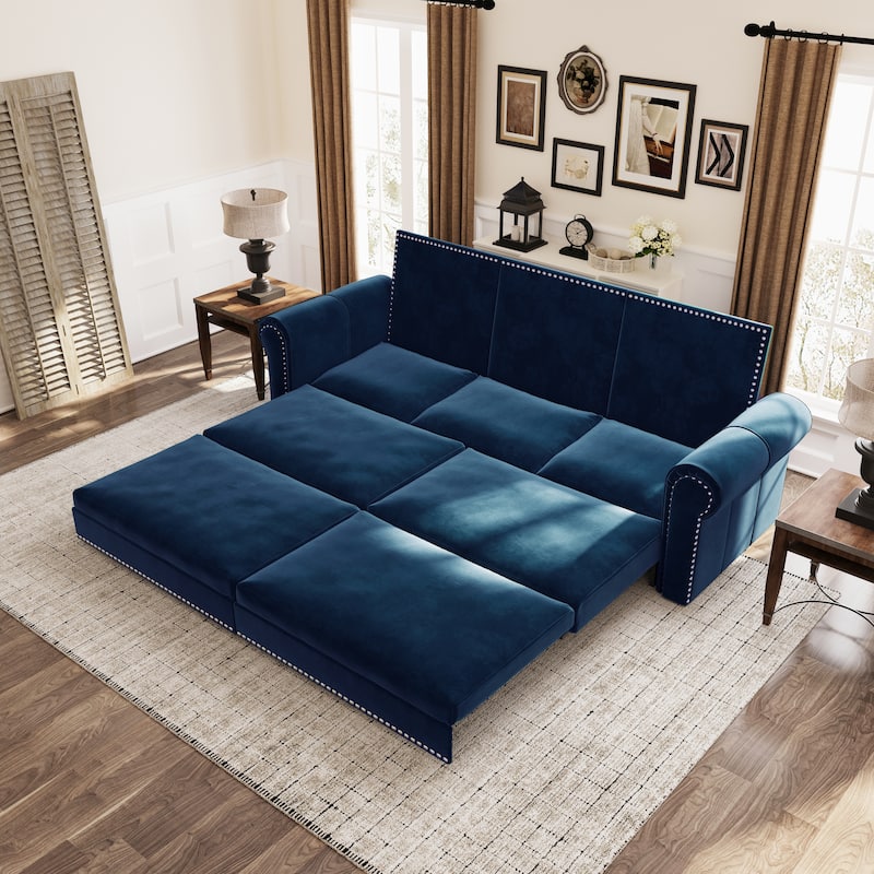 93.7" King Pull Out Sofa Bed w/ Nailhead Trim & Rolled Arm for Living Room Bedroom - Blue