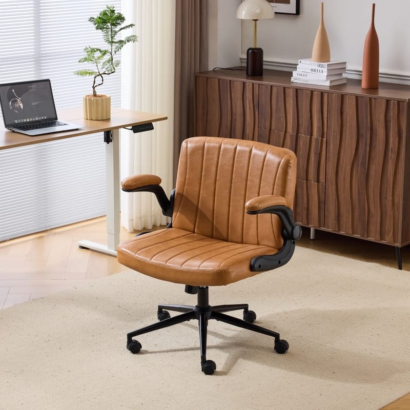 Oil-Waxed Leather Swivel Chair With Flip-Up Armrests
