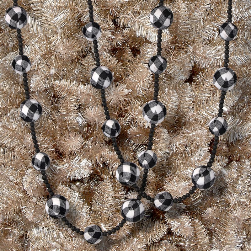 48" Country Check Ball/Wood Bead Garland Set of 2 - Black White - 48-Inch