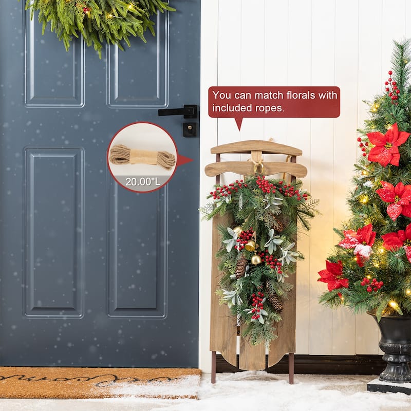 Glitzhome 34.25"H Wooden Natural Christmas Sleigh Porch Decor With Floral - Brown Porch Decor With Floral