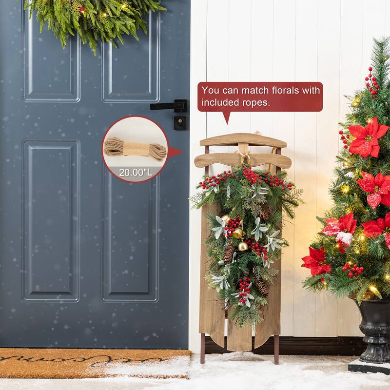 Glitzhome 34.25"H Wooden Natural Christmas Sleigh Porch Decor With Floral
