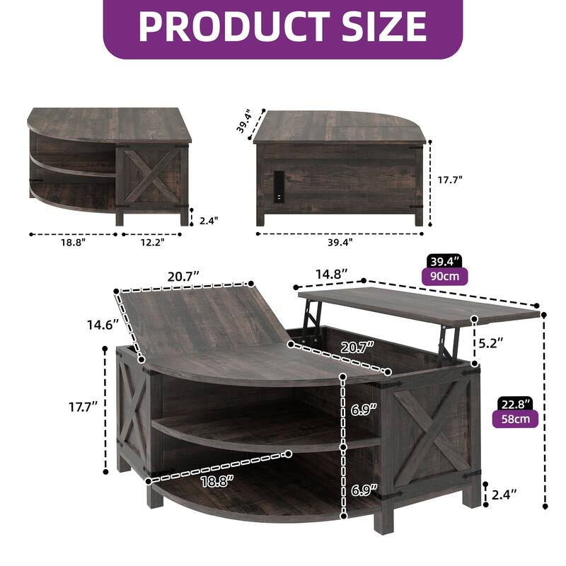 Moasis Lift Top Coffee Table with Storage Shelves, Quarter Circle Center Table for Living Room