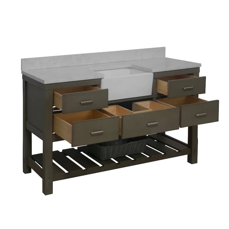KitchenBathCollection Charlotte 60" Single Farmhouse Bathroom Vanity with Engineered Carrara Top