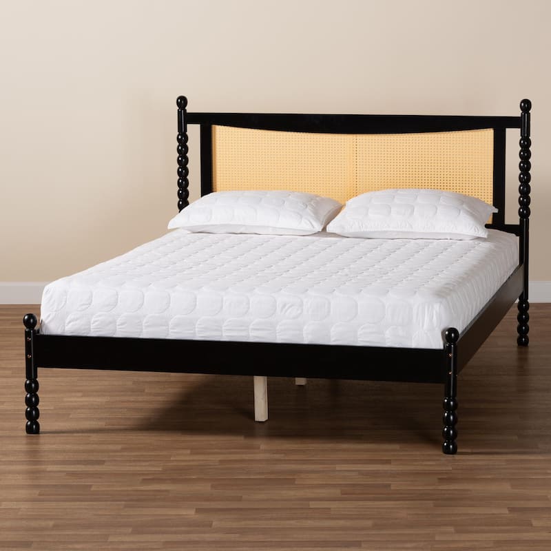 Okena Mid-Century Modern Black Wood Queen Size Platform Bed with Woven Rattan