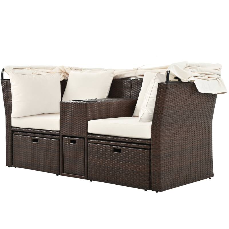 Convertible Outdoor Patio Daybed Loveseat Sofa Set with Retractable Canopy and Central Console