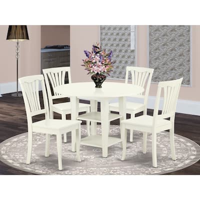 HomeStock 5-Piece Round Linen White Finish Solid Wood Top Dining Table with 4 Chairs with Drop Leaf Slat Back