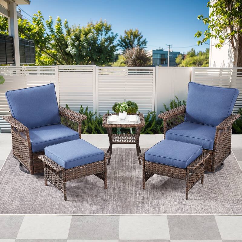 Pocassy Outdoor Swivel Chairs with Sofa Chair Ottoman and Table Set - Brown Wicker Blue Cushion - 5-Piece Swivel Chair Ottoman with Side Table