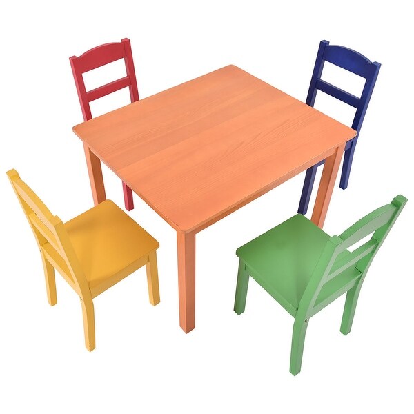 LHONE Kids 5 Piece Play Room Table and Chair Set Wooden Activity Kids Table Sets 4 Chairs Kids Rectangle Table Set Multicolor 