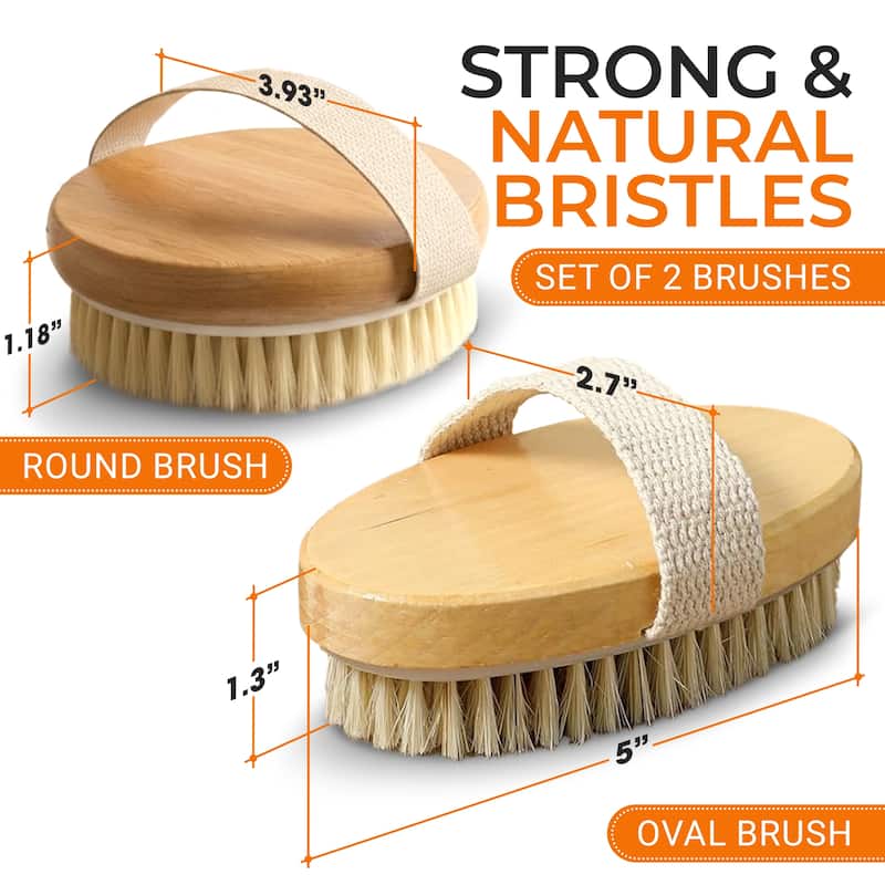 Cheer Collection Set of 2 Natural Bristle Body Brushes Round and Oval with Hand Strap for Wet or Dry Use