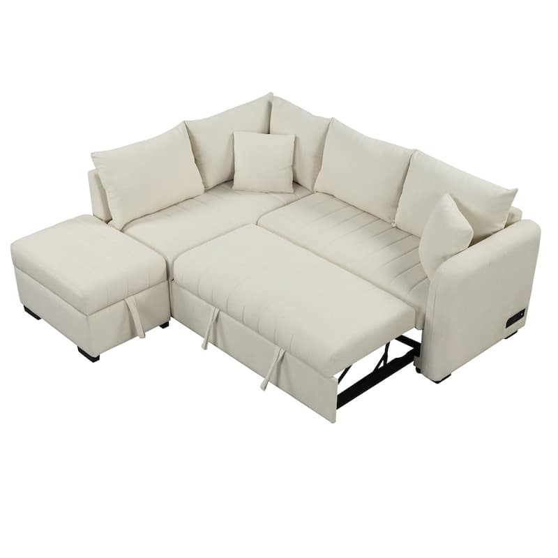 Beige 82.6" L-Shaped 5-Seater Sleeper Sofa with Pull-Out Bed, Storage Ottoman, USB Ports, and Power Outlets