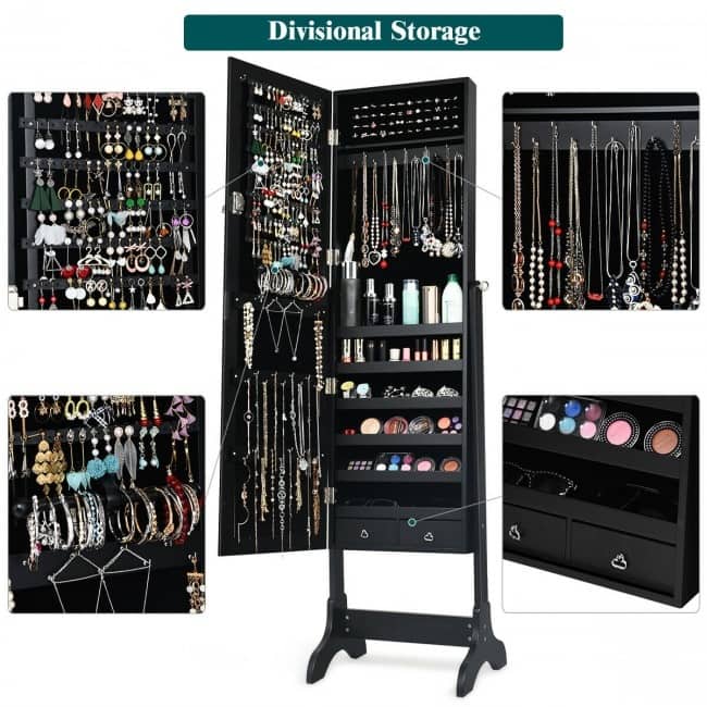 Lockable Mirrored Jewelry Cabinet Armoire Storage Organizer Box-Black - 18'' x 14.5'' x 61.5'' (L x W x H)