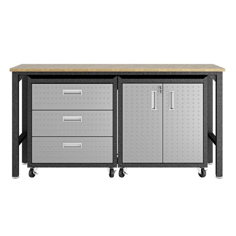3-Piece Fortress Mobile Space-Saving Steel Garage Cabinet and Worktable 3.0 in Grey