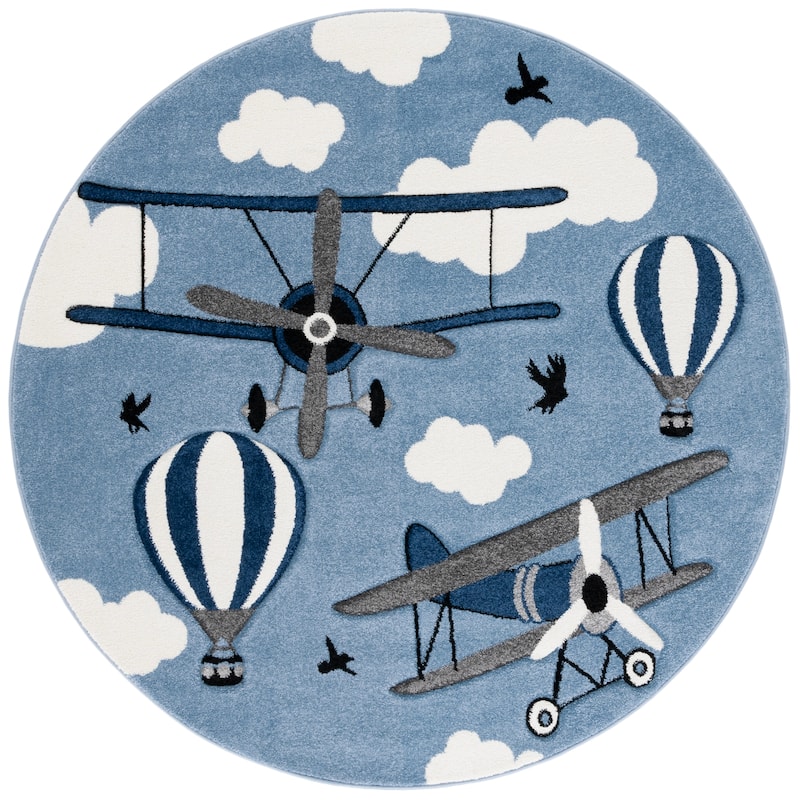 SAFAVIEH Carousel Kids Turi Airplane Rug - 5'3" Round - Blue/Ivory - Round