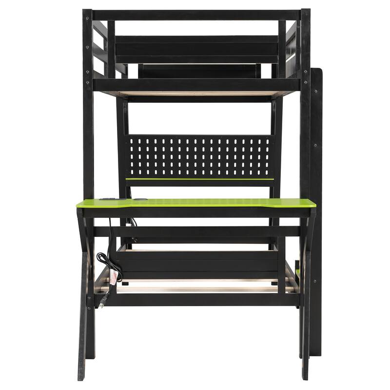 E-sports Inspired Bunk Bed with 2 Built-In Gaming Desks, USB Desktop Ports and Pegboard Organizer, Bunk Frame for Teens Gamer