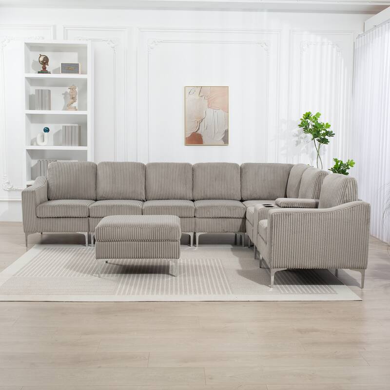 Modern Modular Corduroy Sectional Sofa with USB Ports, Storage Ottoman and Cup Holders for Living Room Apartment
