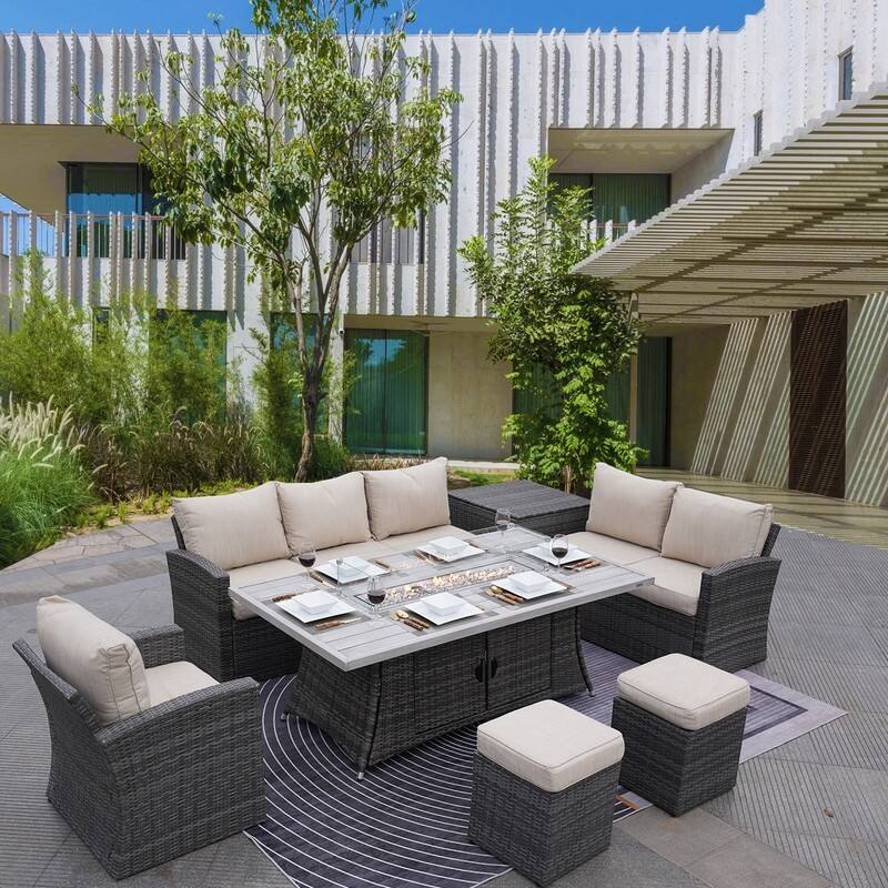 7-Piece Patio Conversational Sofa Set with Aluminium Firepit Table - Grey