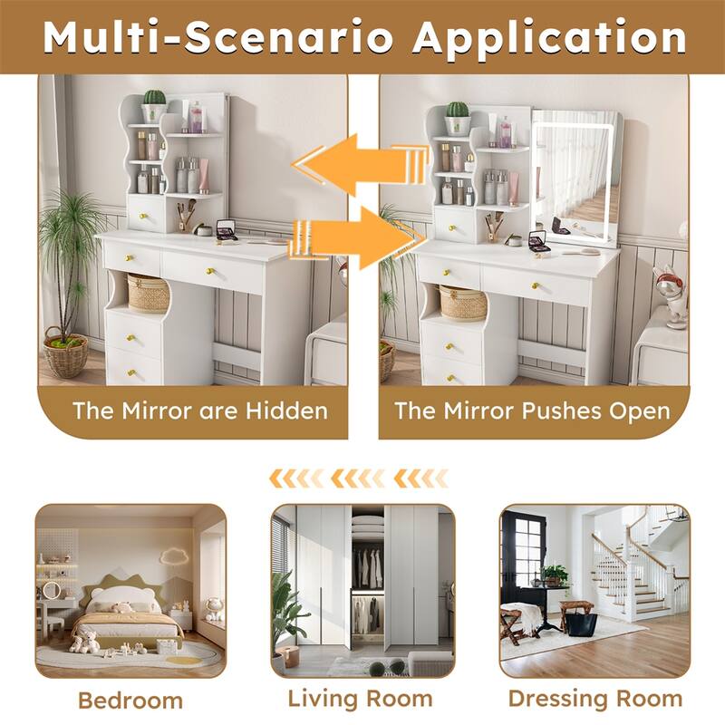 White Dressing Table,Mirror and LED Light,5-Drawer Dressing Table