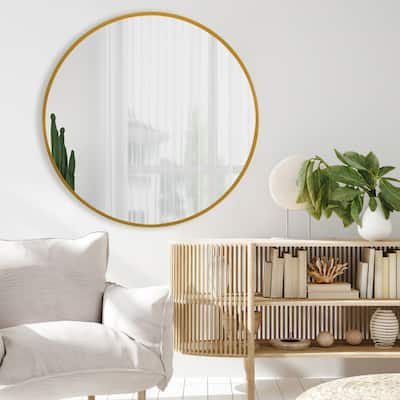 Wall Round Mirror 30'' Modern Brushed Metal Frame Wall-Mounted