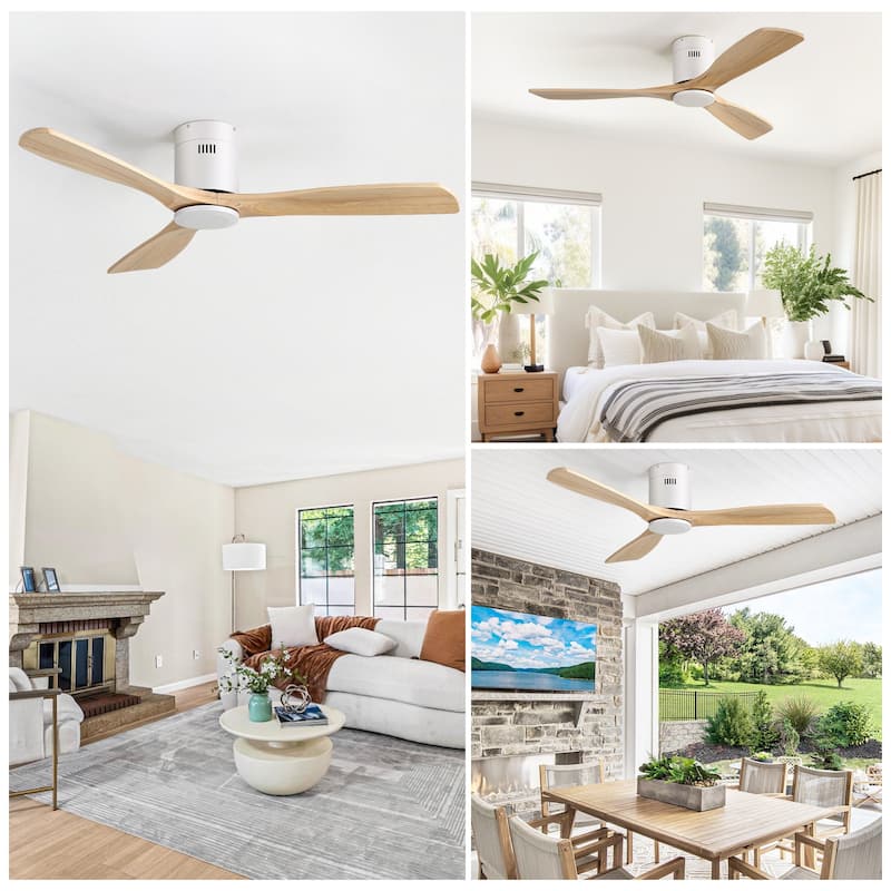 Sofucor 52" Low Profile Flush Mount Noiseless Ceiling Fan with Light and Remote,3 Solid Wood Blades,6 Speed Levels