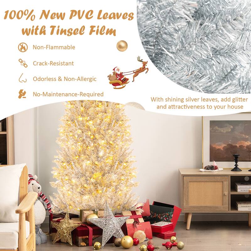 Gymax 7 FT Pre-lit Artificial Silver Tinsel Christmas Tree Slim Pencil