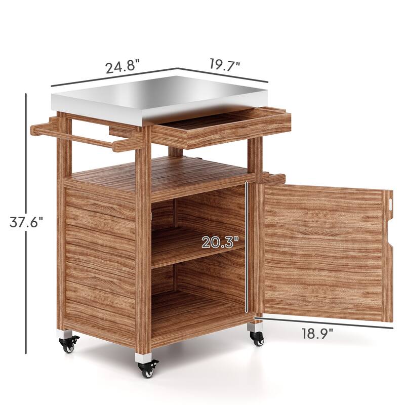 GDFStudio Outdoor Lysandros Fir-Wood Grill Cart with Stainless Steel Top and Organized Storage