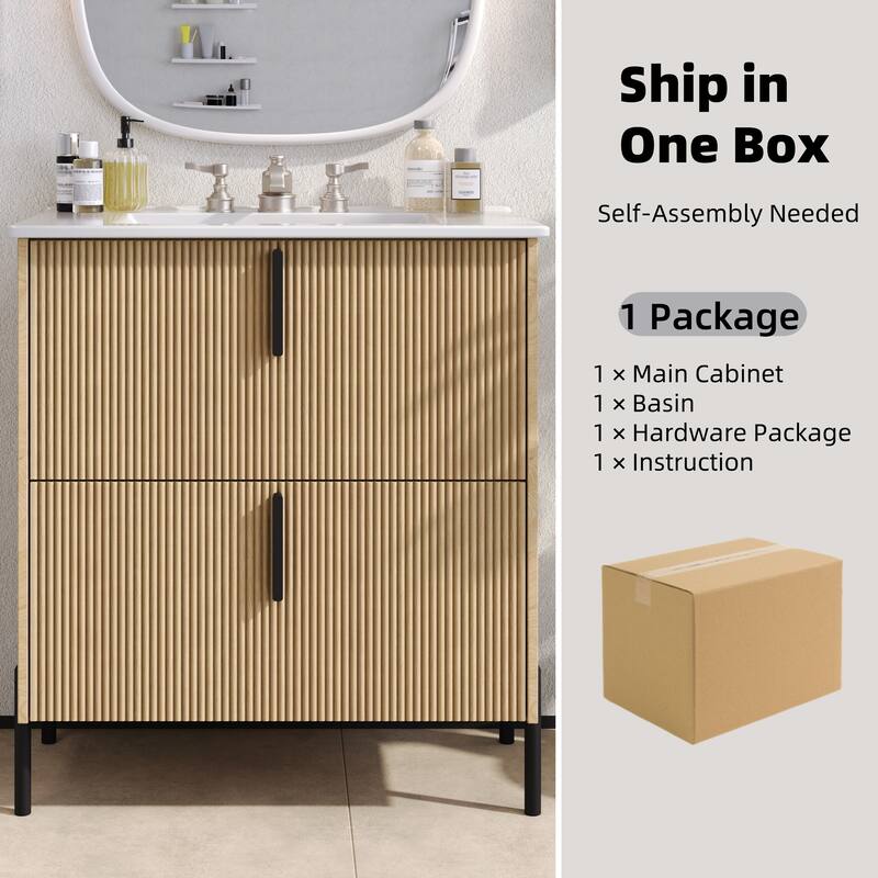 30" Bathroom Vanity with Ceramic Sink and Full-Extension Drawers, Soft Close Undermount Drawer Slides, Fluted Design
