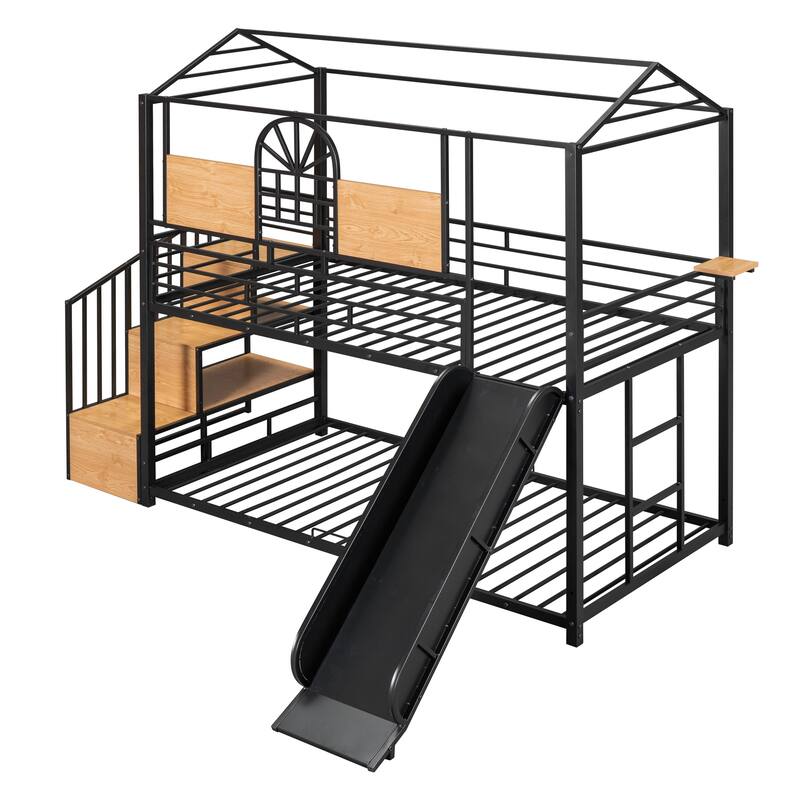 Twin Over Twin Metal House Bunk Bed with Slide and Storage Stair Bed