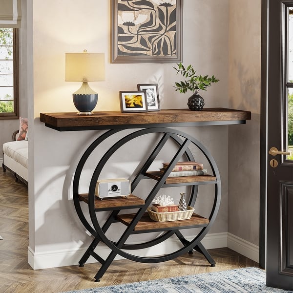 slide 2 of 7, 39.4-Inch Console Table, 4- Tier Industrial Entryway Table Rustic Brown