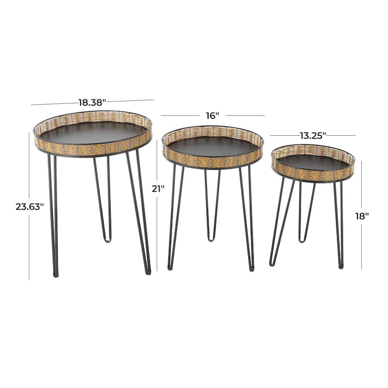 Metal Handmade Accent Table with Rattan Edges Tabletops - Set of 3 Black - Roche River Decor