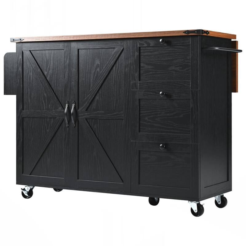 Kitchen Storage Island with Internal Storage Rack, Drop Leaf, Spice Rack, Rolling Kitchen Cart on Wheels - Black