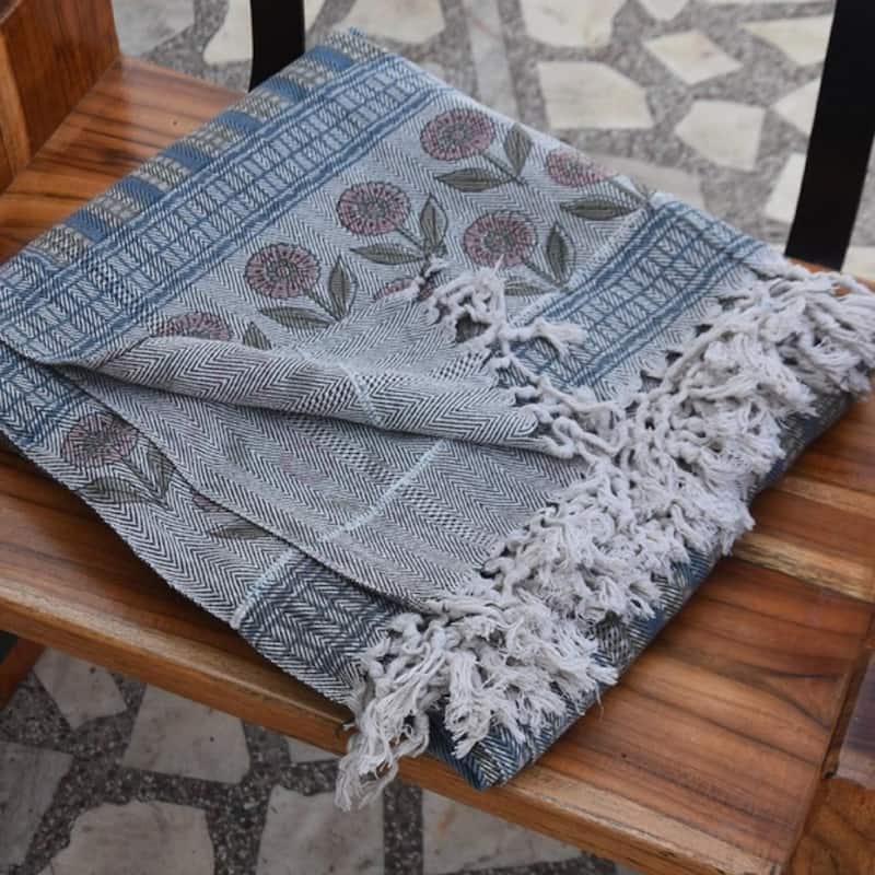 Fabdivine Choco Chips Handwoven 100% Cotton Throw Blanket - Floral Block Print Decorative Sofa & Bed Throw with Fringe, 90"x54"