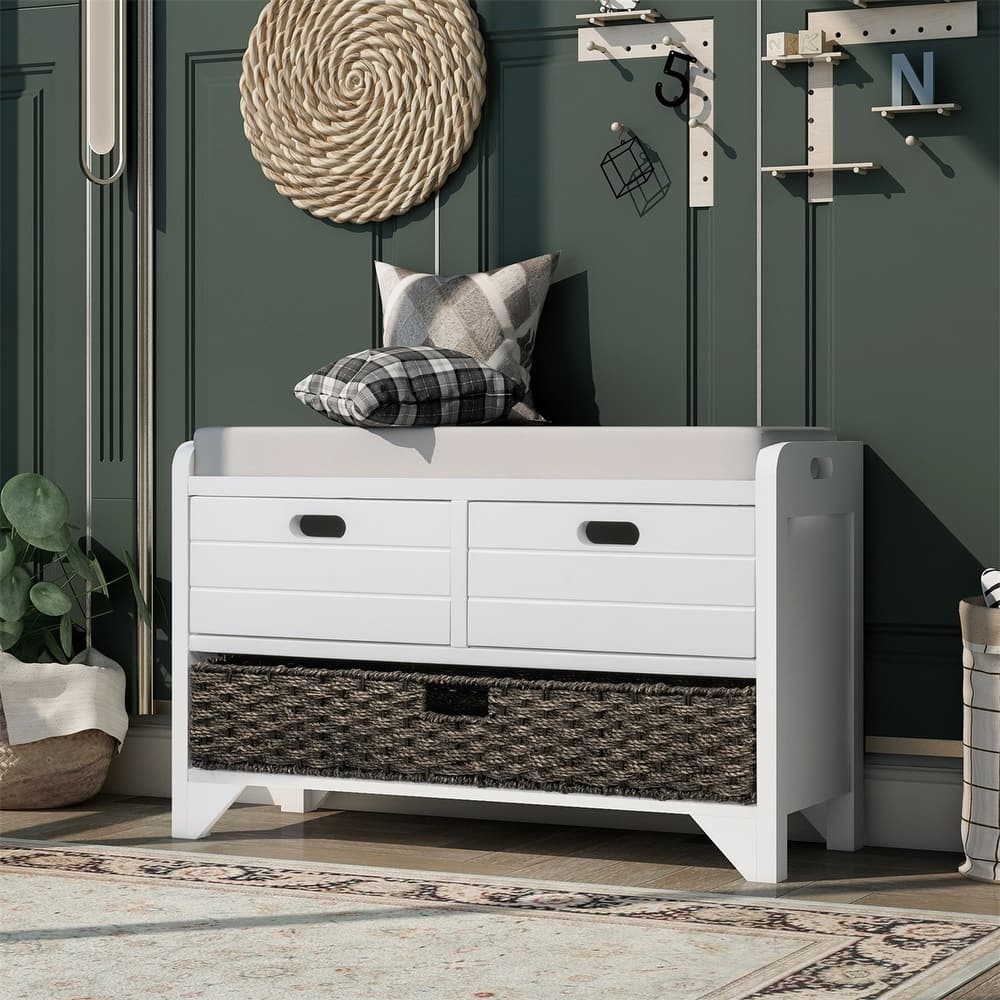 Merax Rustic Storage Bench with Removable Basket and Removable Cushion