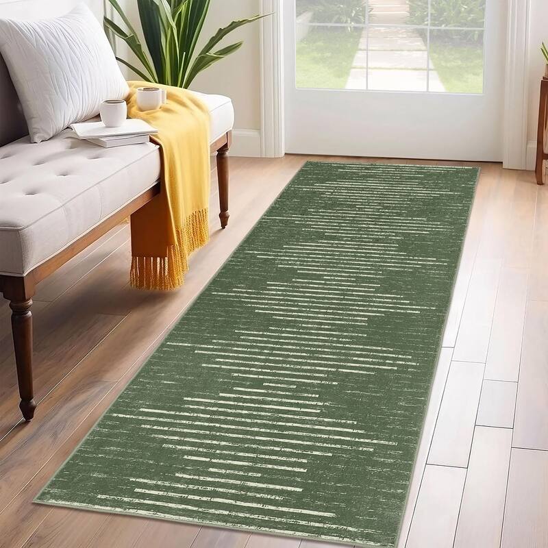 Washable Rugs for Living Room Modern Geometric Striped Area Rug Soft Non-Slip Low Pile Accent Rug - 2'x6' - Green