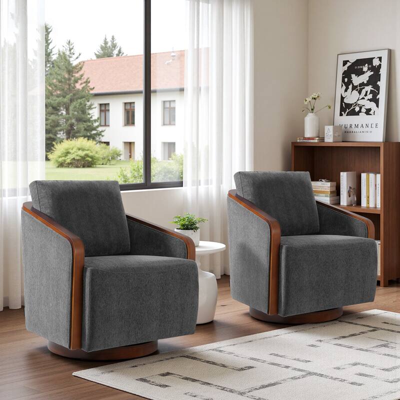 Set of 2 Modern 360° Swivel Accent Barrel Chairs with Wood Arms