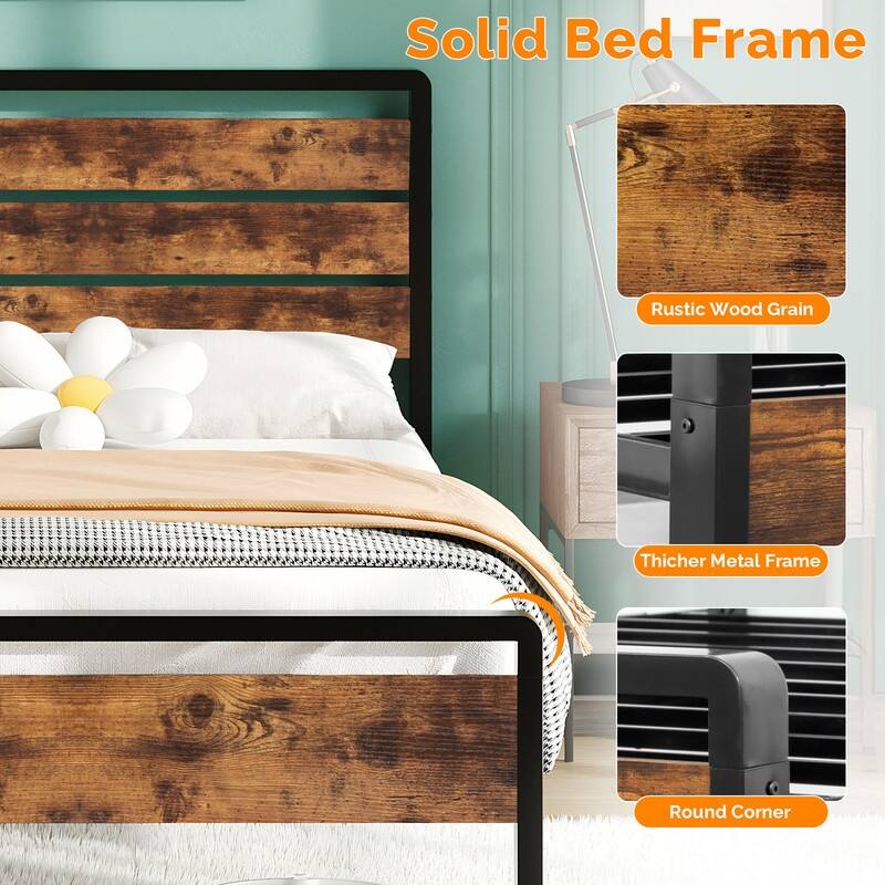 Bed Frame with LED Light and Charging Station, Metal Platform Bed with Wood Headboard