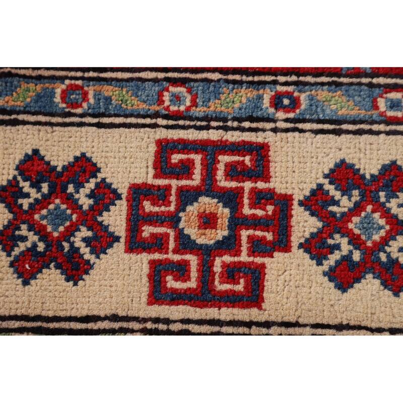 Geometric Kazak Oriental Accent Rug Handmade Red Wool Carpet - 3'3"x 5'0"