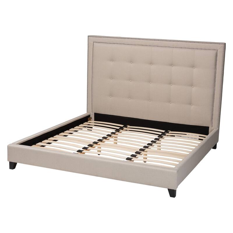 King Size Platform Bed - Grey Linen Upholstered, Button Tufted Headboard with Silver Trim