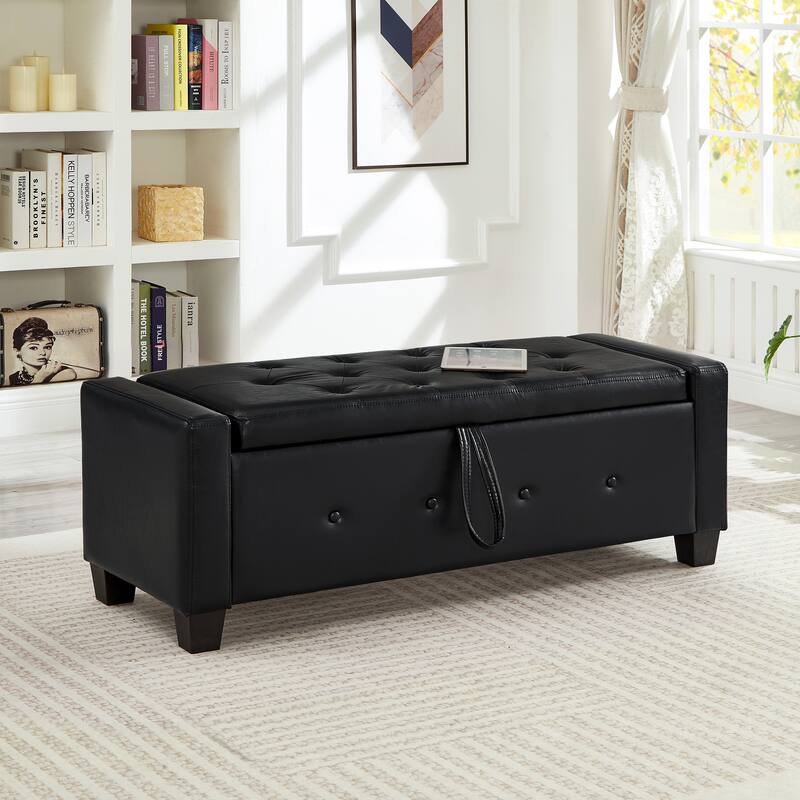Tufted Faux Leather Storage Ottoman Bench for Bedroom, Living Room & Hallway, 48" Multifunctional Upholstered End of Bed Bench
