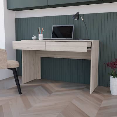 Computer Desk for Home Office, Two Drawers, Light Gray Finish