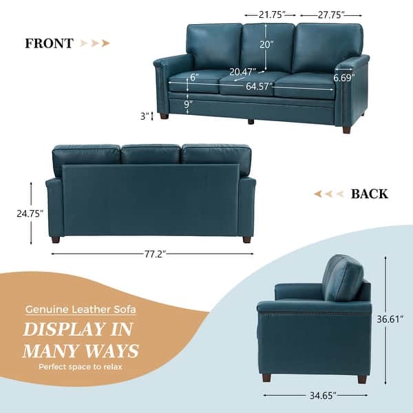 dimension image slide 5 of 6, Rita Transitional Living Room 3-Seat Genuine Leather Nailhead Sofa with Solid Wood Legs and Removable Cushions