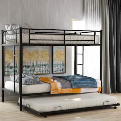 Twin over Twin Metal Bunk Bed with 1 Trundle & 2 Ladders & Guardrails, Black