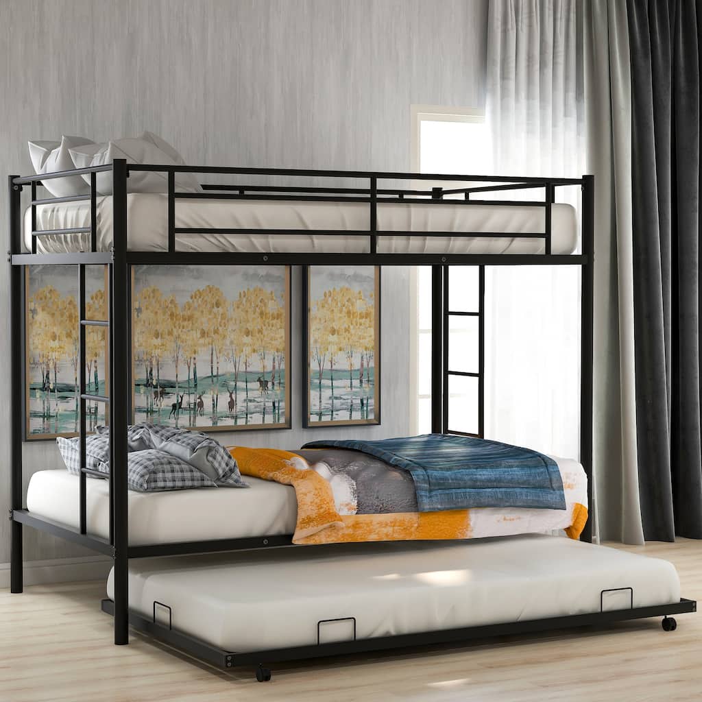 Twin over Twin Metal Bunk Bed with 1 Trundle & 2 Ladders & Guardrails, Black