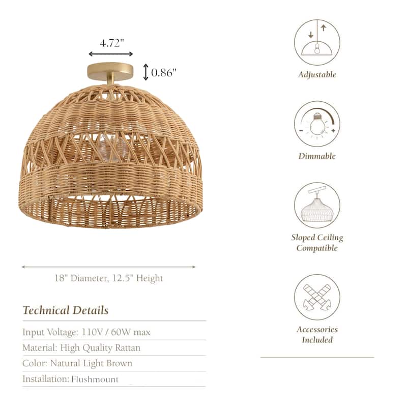 Radiant Rattan Flush Mount Rattan Natural 1-Light Handwoven Ceiling Light for Bedroom or Living Room in Farmhouse, Country Style