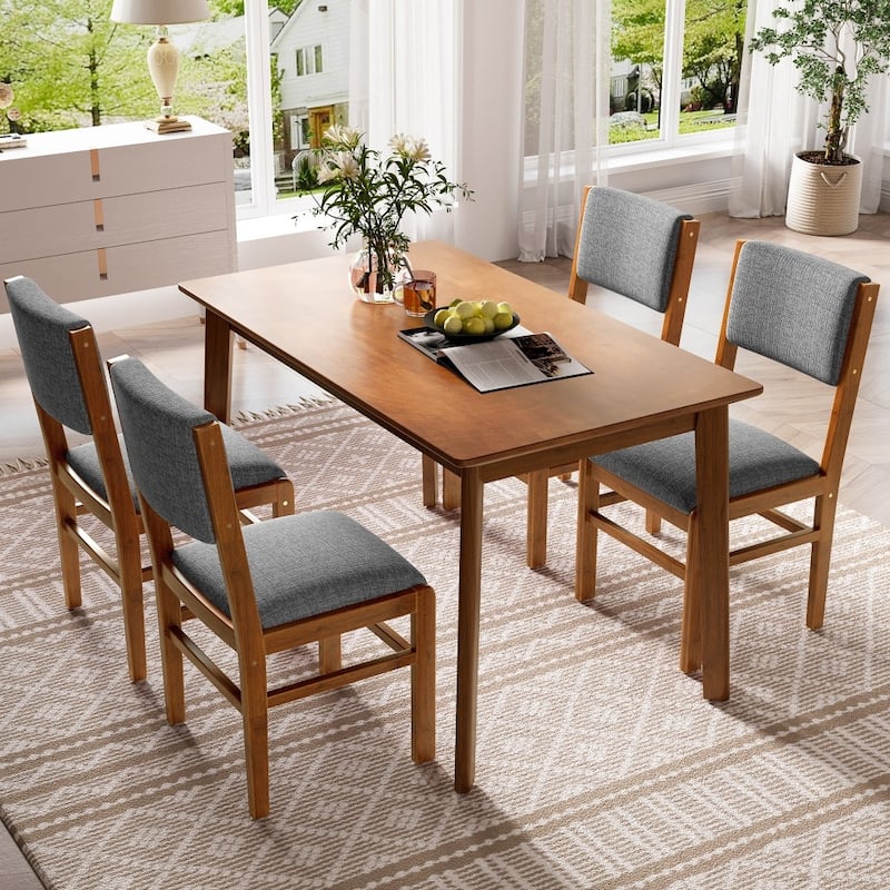 Mid-century Modern 5-piece Rectangle Wooden Dining Set with Table and 4 Upholstered Chairs - Brown+Grey
