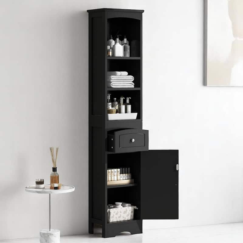 Slim Freestanding Bathroom Cabinet with Drawer and Doors, Adjustable Shelf, Waterproof MDF Storage Unit