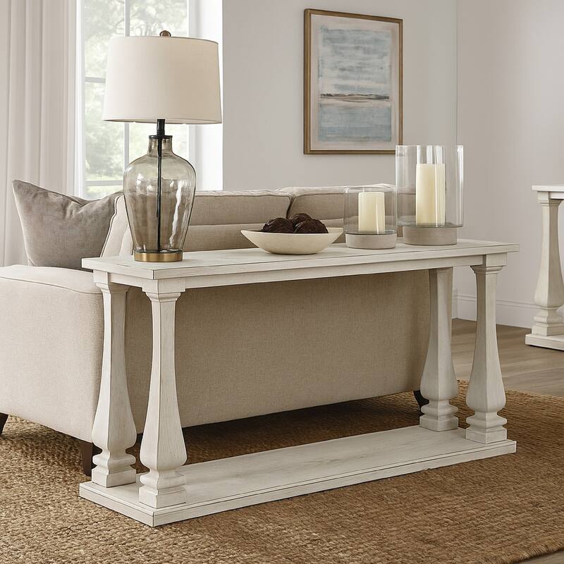 Dyne Sofa Console Table, Plank Top, Baluster Base, 60 Inch White