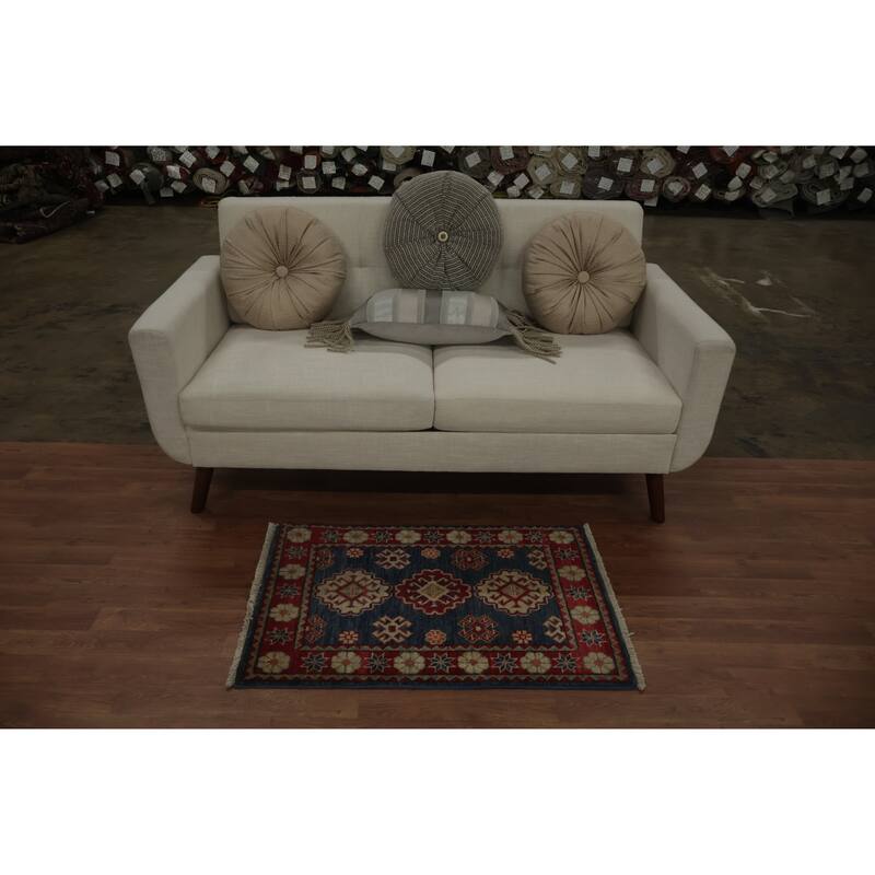Hand Knotted Oriental 100% Wool Carpet Traditional Geometric Navy Blue & Blues Kazak Area Rug - 3' 1'' X 2' 1''