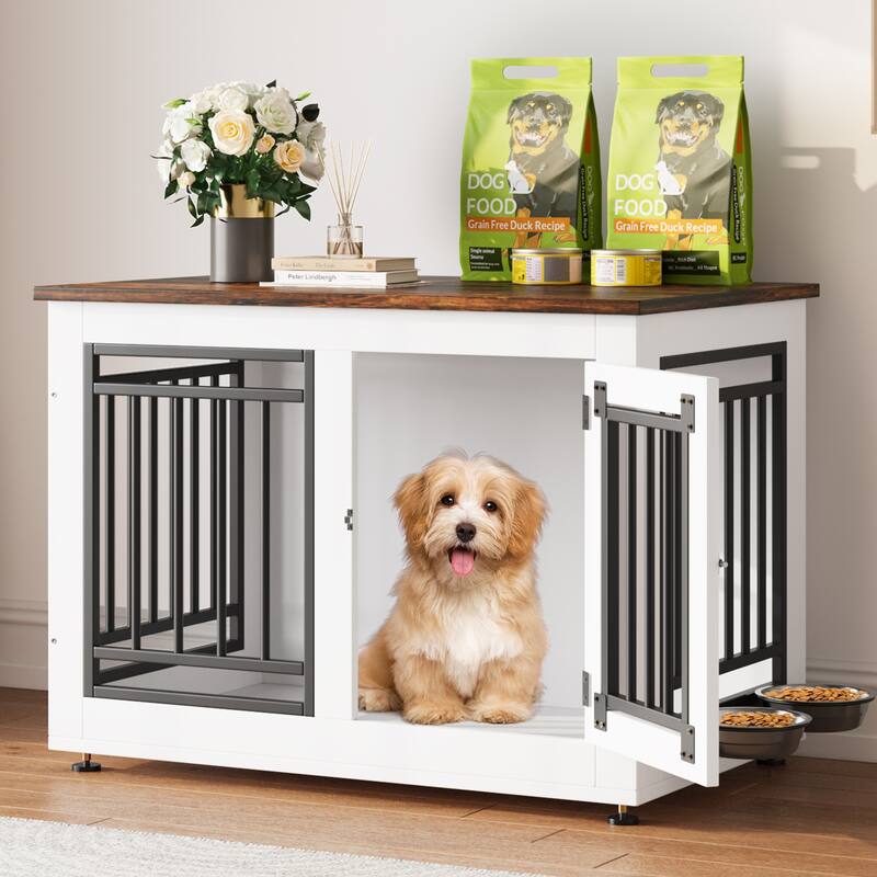 Moasis Dog Crate Furniture, End Table with Feeding Bowls