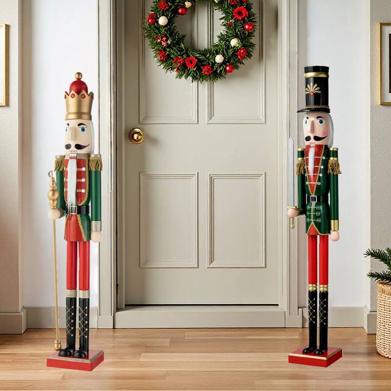 Glitzhome 42"H Large Size Christmas Wooden King & Soldier Nutcracker Set Xmas Figurine Decor for Indoor Outdoor