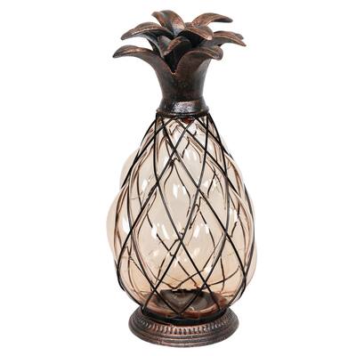 Exhart Solar Pineapple Lantern in Amber Glass with Bronze Finish and Fifteen LED Firefly String Lights, 13 Inch